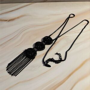 NY Collection Black Triple Druzy Panel Tassel Necklace 32”+3”